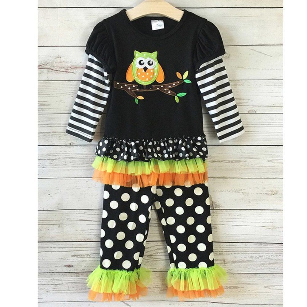 Children's XS (1-2 Y) Owl Tunic Set Matching Polka Dot Leggings Stripe Shirt